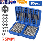50pcs Screwdriver Bit Set Hex Star Bits Philips Square Spanner Bits w/Case 75mm