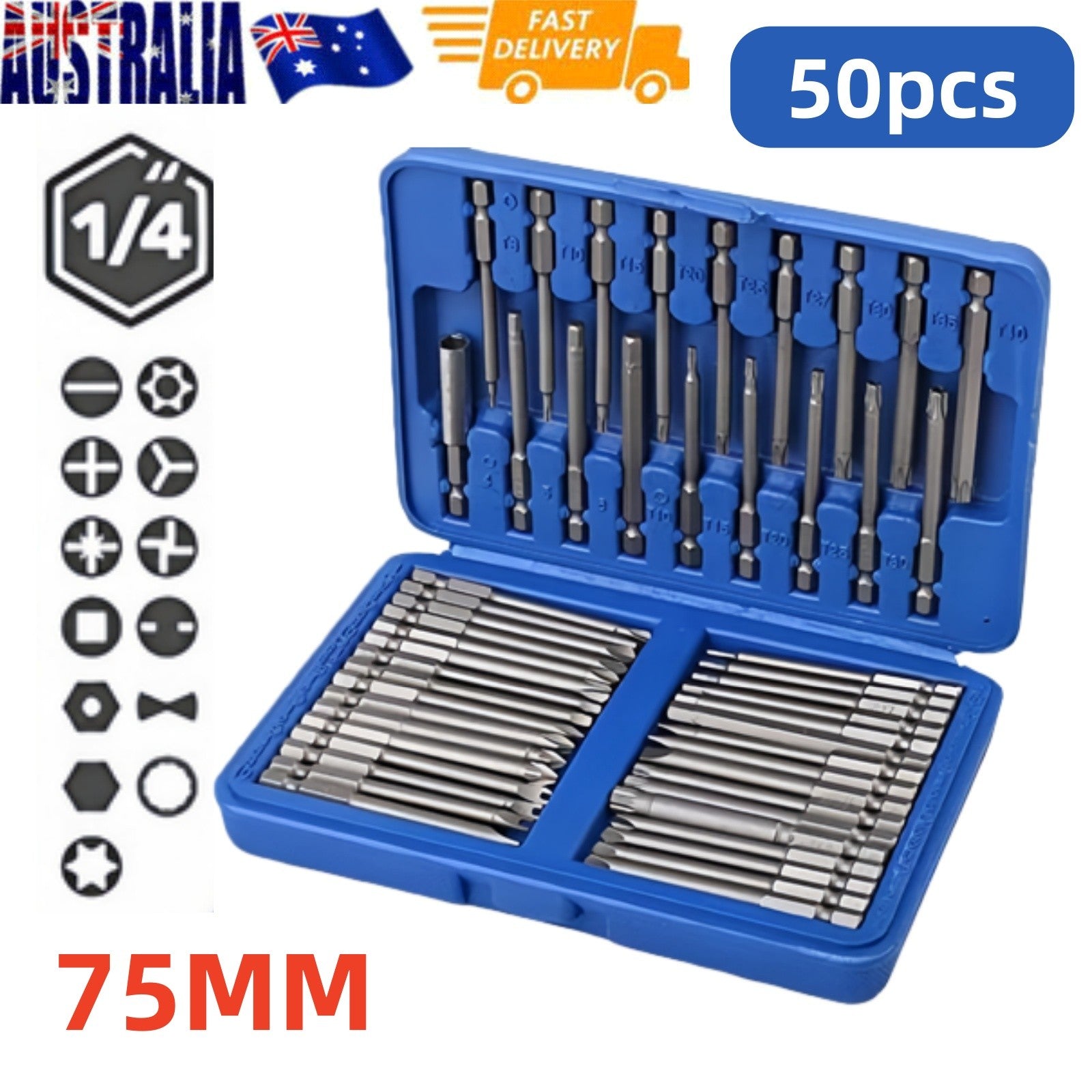50pcs Screwdriver Bit Set Hex Star Bits Philips Square Spanner Bits w/Case 75mm