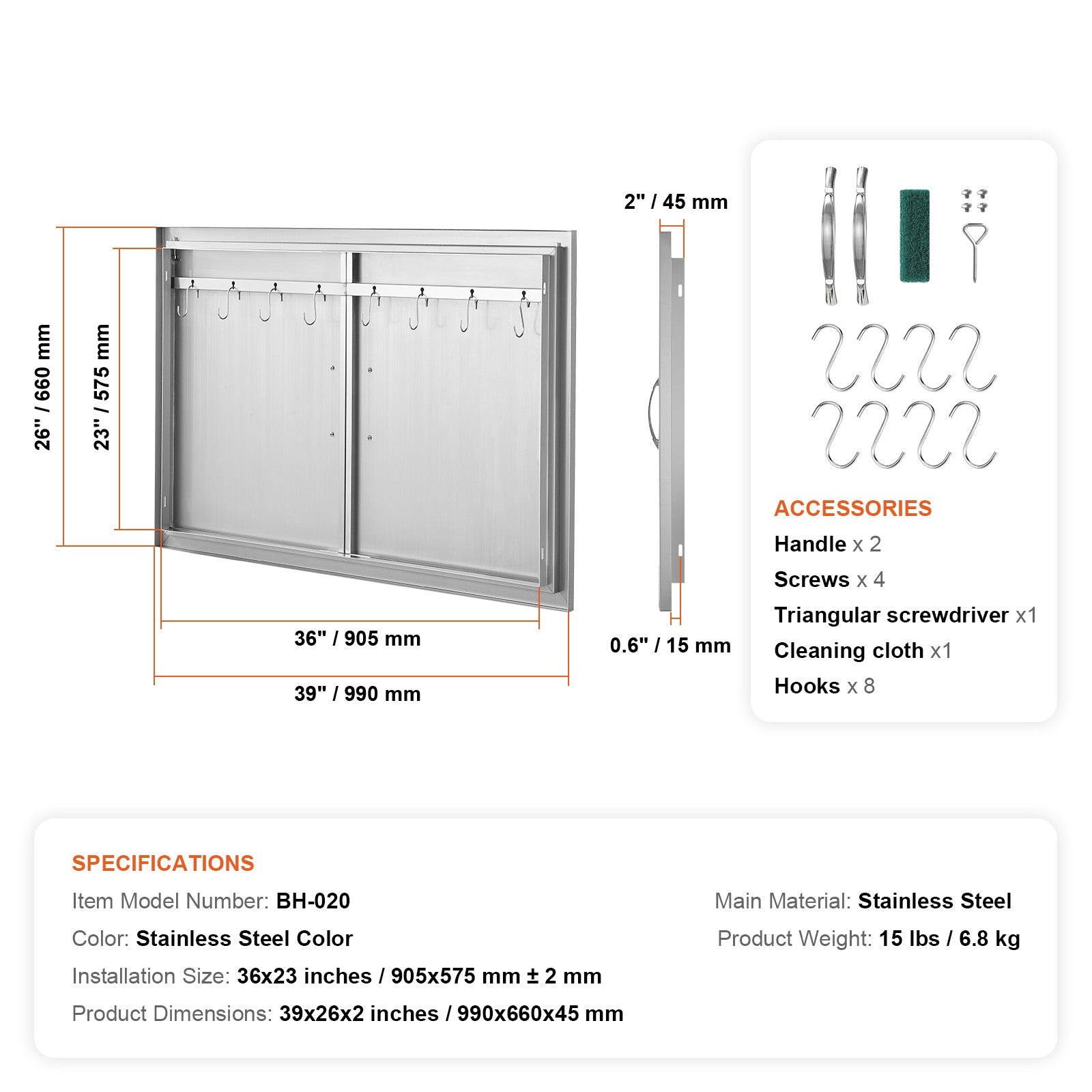 990x660 mm Outdoor BBQ Island Access Door Stainless Steel Kitchen Panel