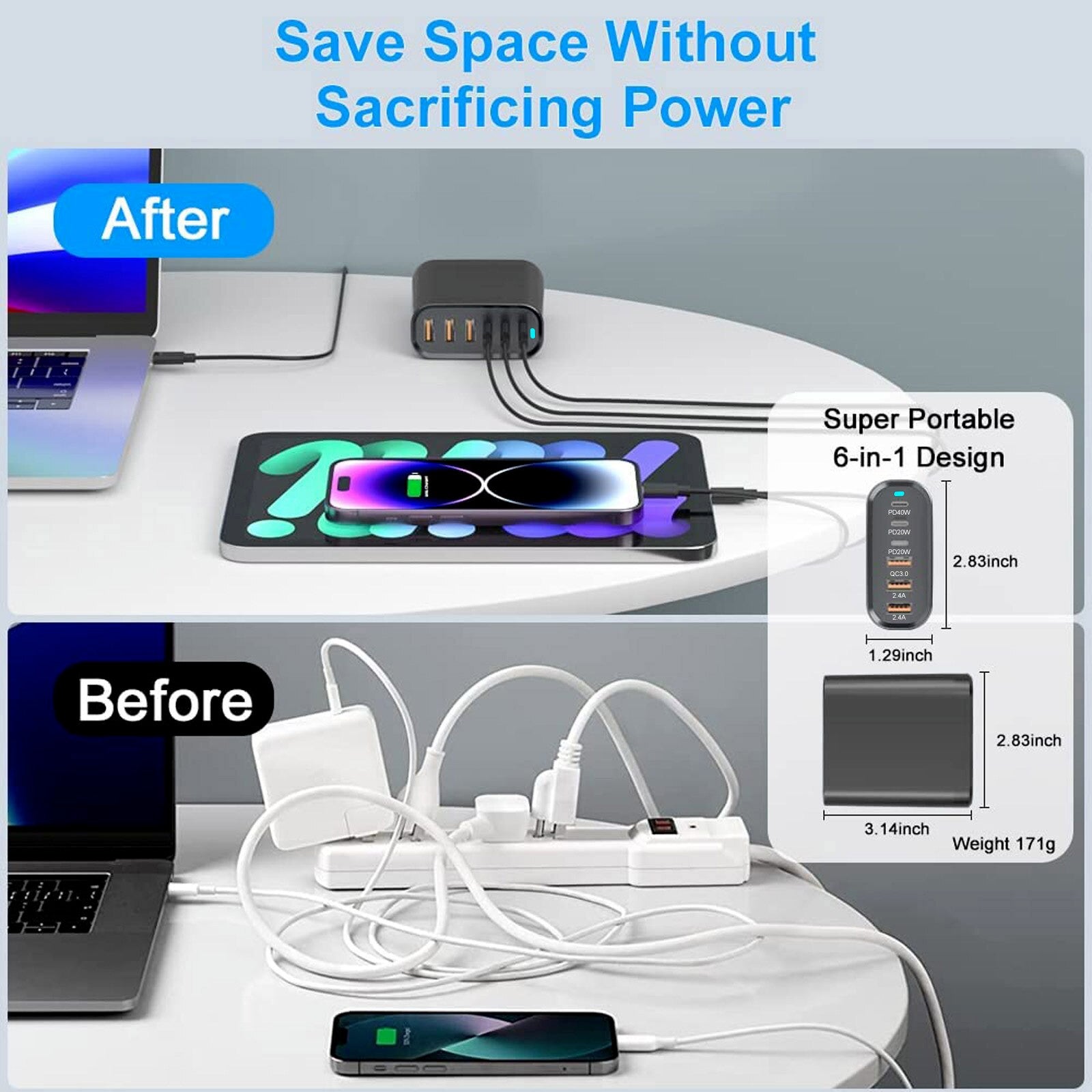 155W GaN USB C wall Charger Quick 6 Ports Type C PD Fast Charging iPhone Samsung