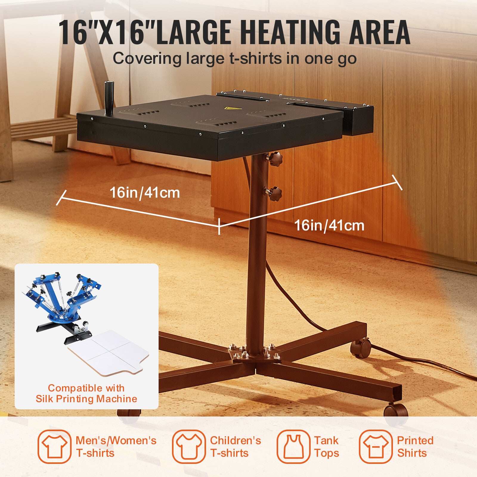 High-Power Flash Dryer for Screen Printing with Adjustable Temp & Height 16"x16"