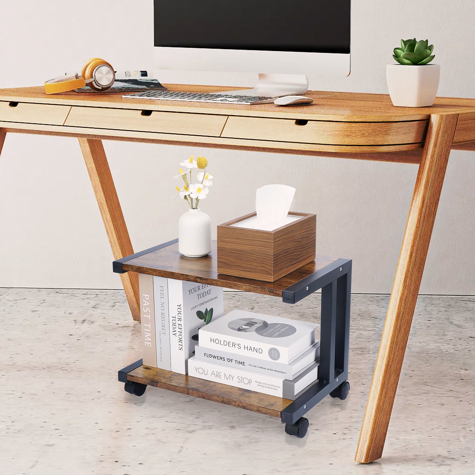 Under Desk Printer Stand 2 Tier Printer Rolling Cart Rack Storage Shelf w/Wheels