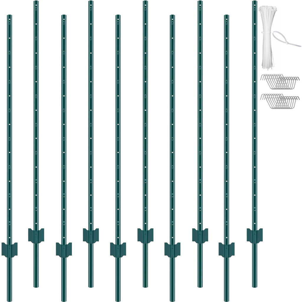 5 Ft U-Channel Metal Fence Posts, Set of 10, Durable Green
