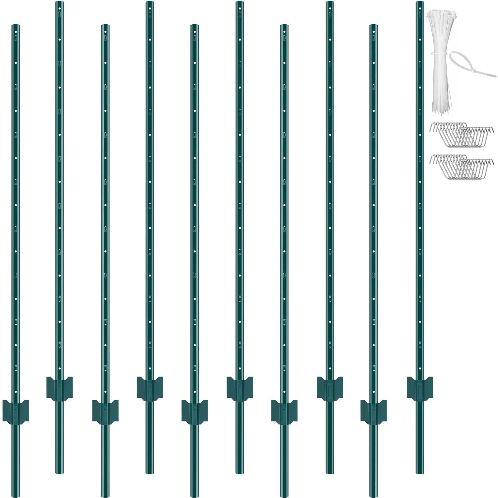 5 Ft U-Channel Metal Fence Posts, Set of 10, Durable Green