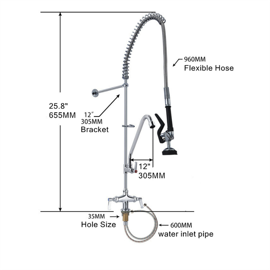 25" Commercial Pre-Rinse Faucet Wall Mount Kitchen Sink Faucet w/ Sprayer