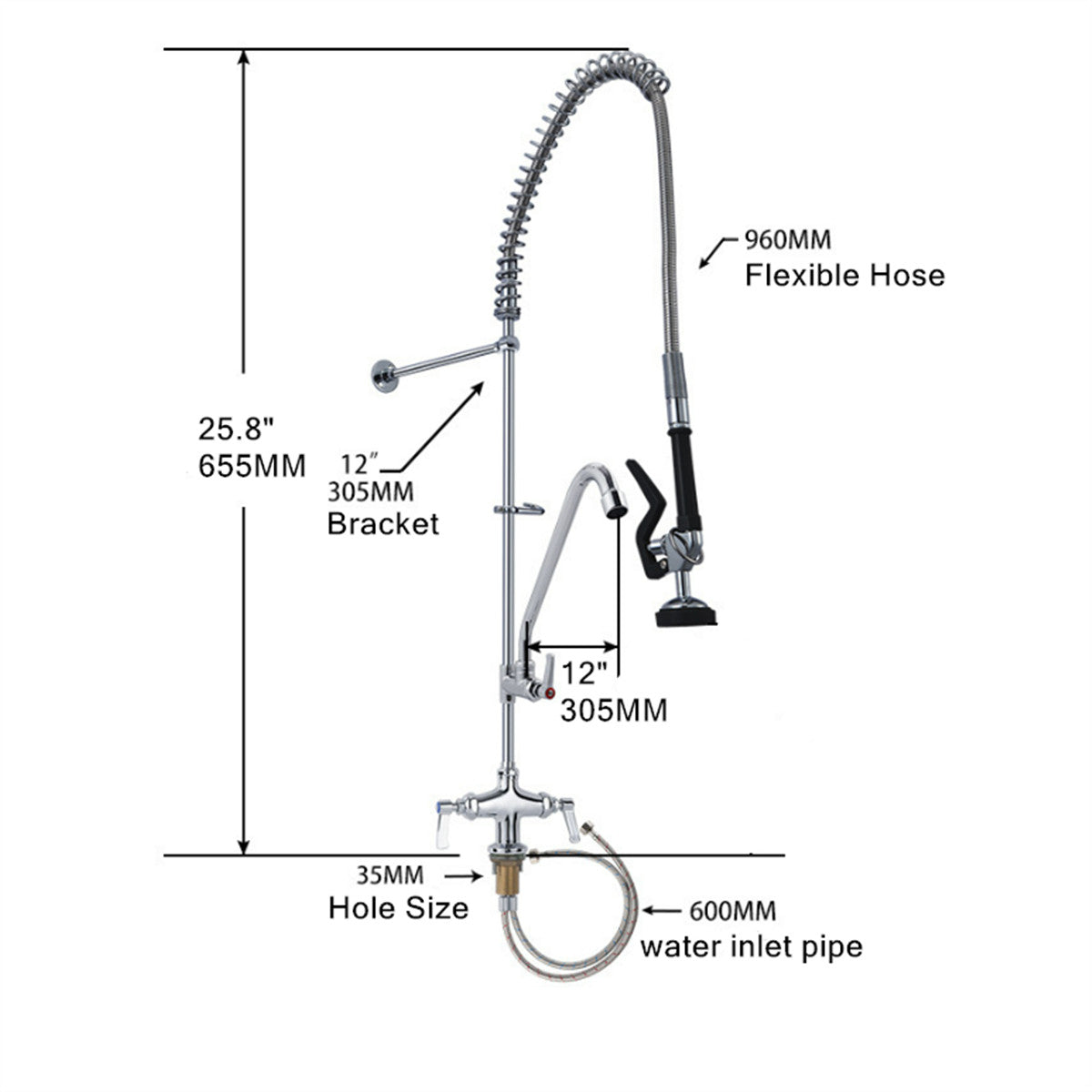 25" Commercial Pre-Rinse Faucet Wall Mount Kitchen Sink Faucet w/ Sprayer