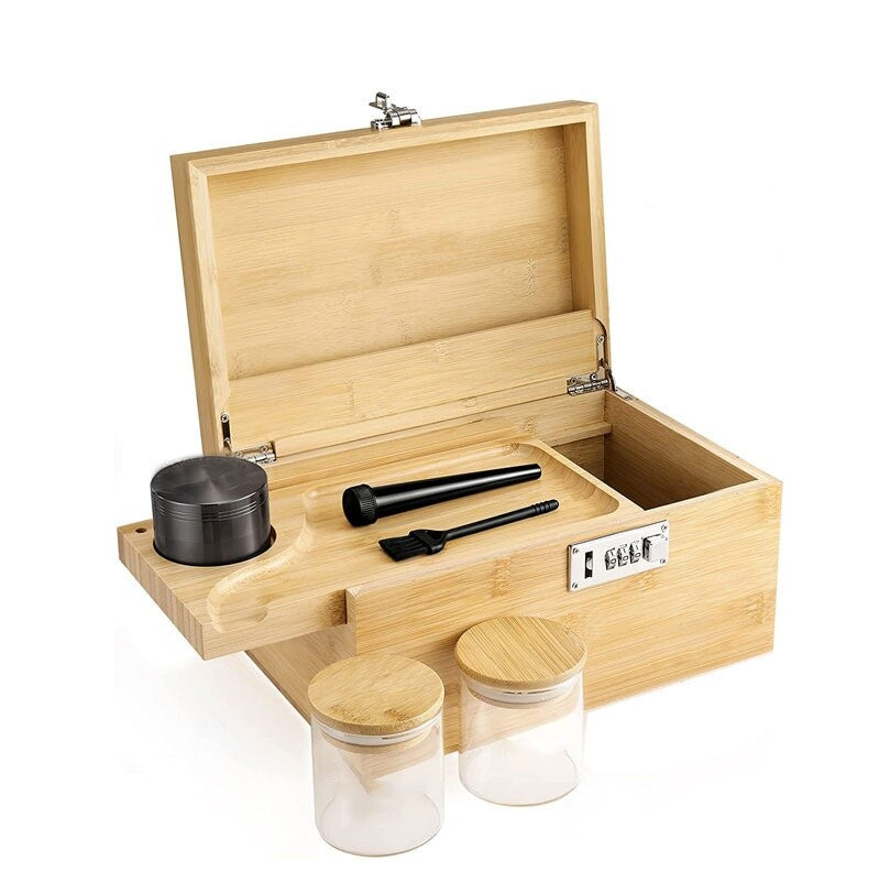 Bamboo Storage Chest with Movable Tray Locking Grinder and Jars Stash Box Bundle