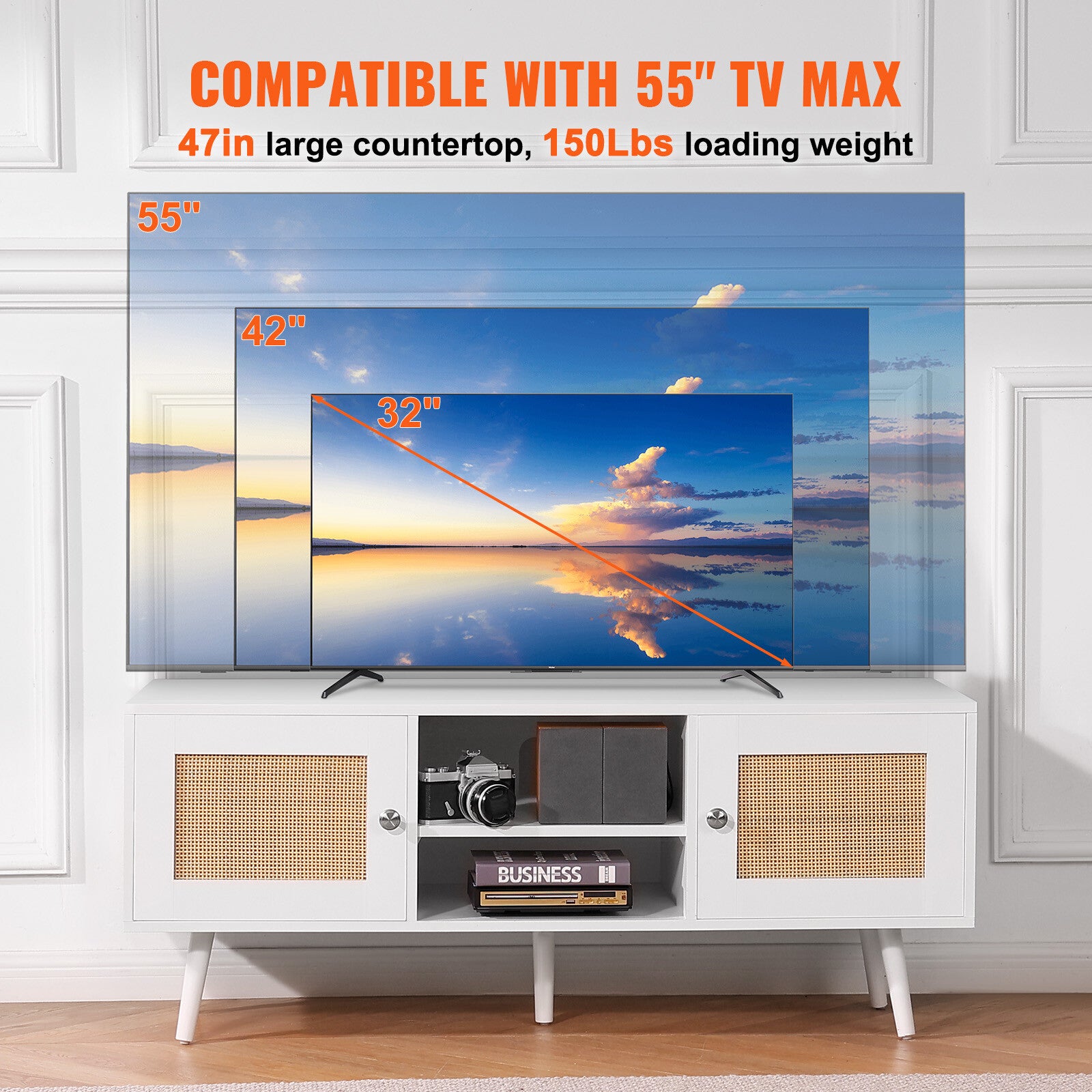 Rattan TV Stand for 55" TVs with Storage and Cable Management, White