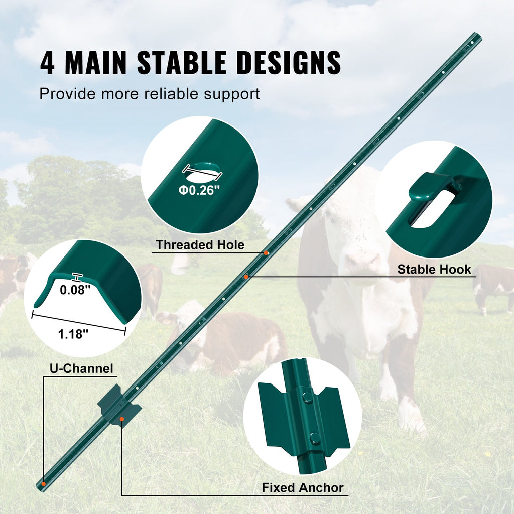 5 Ft U-Channel Metal Fence Posts, Set of 10, Durable Green