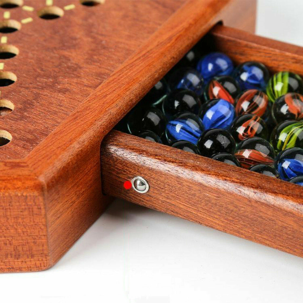 Wooden Chinese Table Board Game Checkers w/ Storage Drawers & Glass Marbles Gift