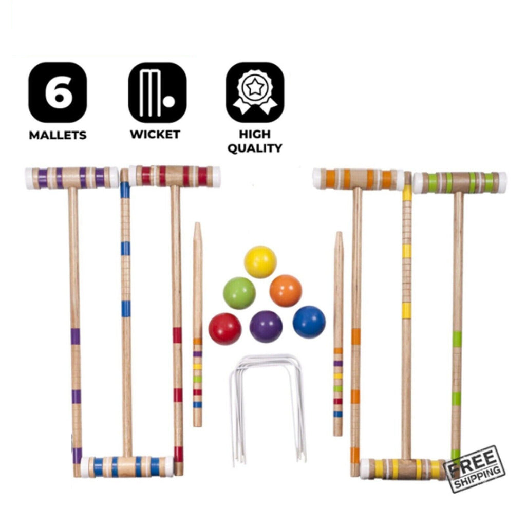6-Players Croquet Set W/Wooden Mallets Ball Stakes For Lawn Backyard Wild Sports