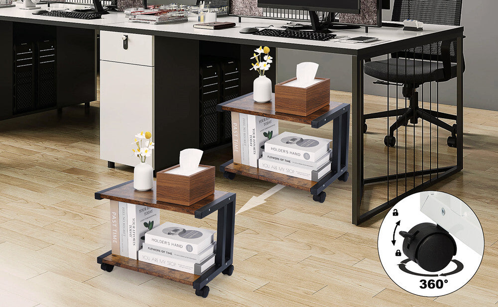 Under Desk Printer Stand 2 Tier Printer Rolling Cart Rack Storage Shelf w/Wheels
