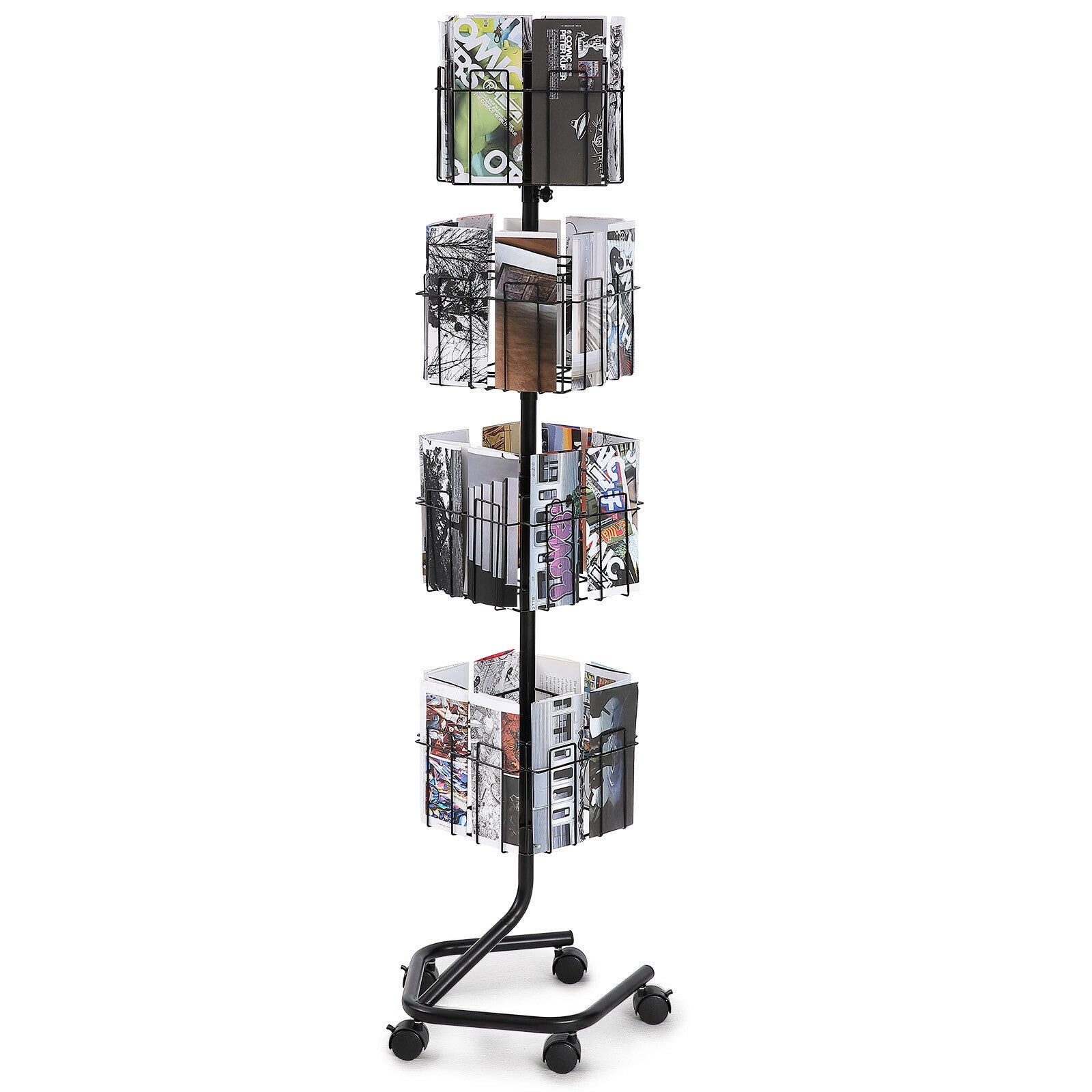 32-Pocket Rotating Brochure Display Stand with 360° Casters and 5 Wheels