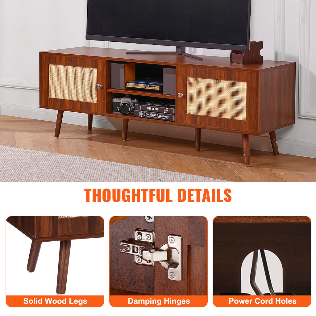 Rattan TV Stand with Built-in Socket for 65" TVs, Boho Style, Walnut Finish