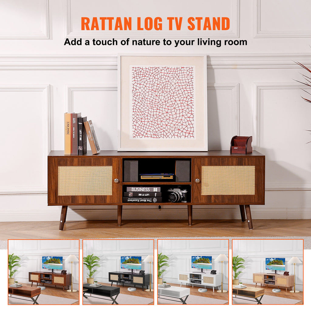 Rattan TV Stand with Built-in Socket for 65" TVs, Boho Style, Walnut Finish