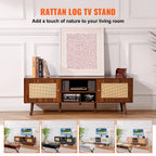 Rattan TV Stand with Built-in Socket for 65" TVs, Boho Style, Walnut Finish