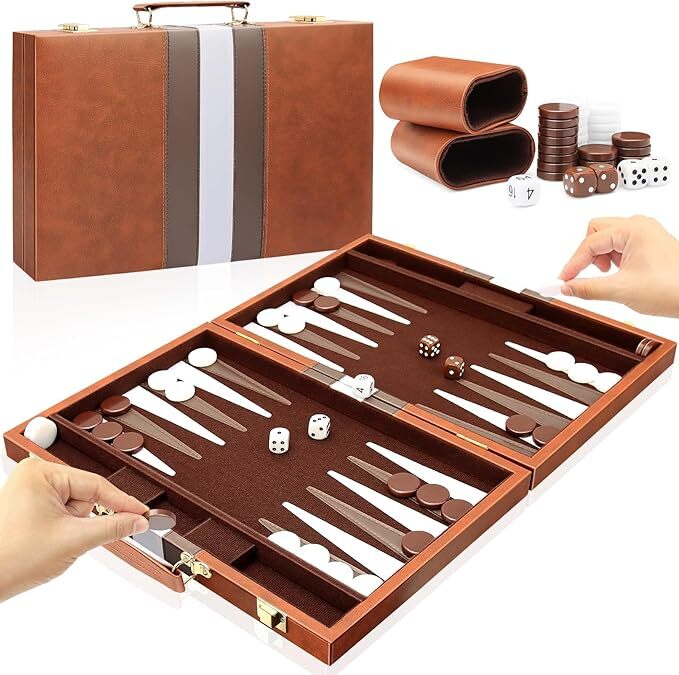 18 inch Premium Leather Backgammon Board Game Set Large Classic Board Game Case