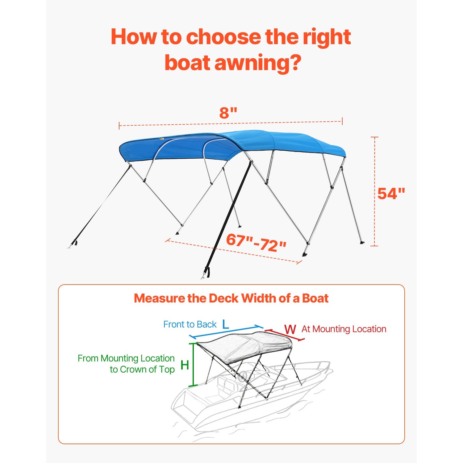 4 Bow 96"x(67"-72") Boat Bimini Top, Pacific Blue Sunshade Canopy