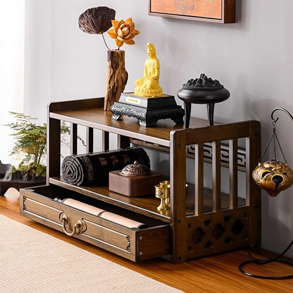 Meditation Altar Table for Spiritual Puja Table with Drawer Bamboo Furniture