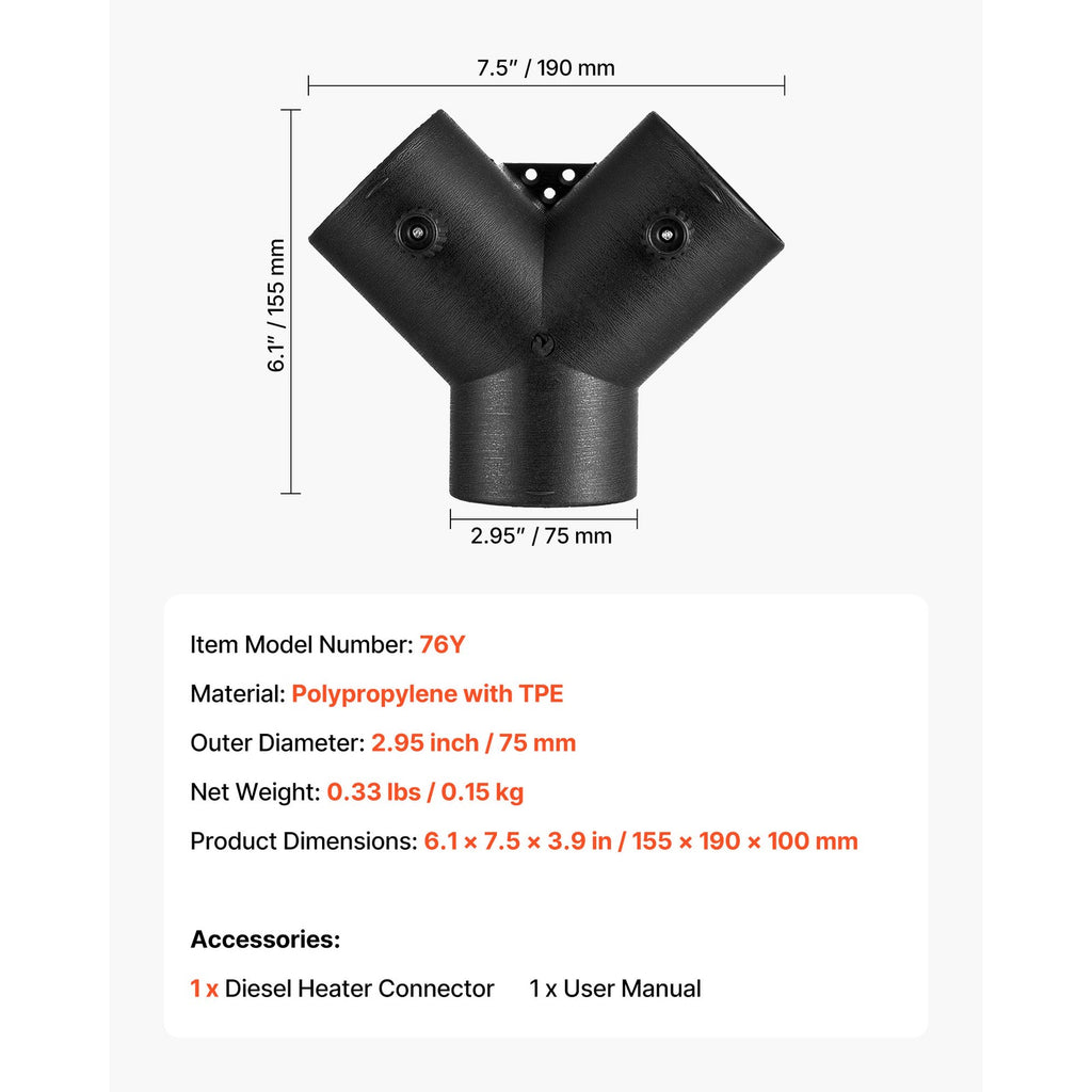 Diesel Heater Connector 75mm 3-Way Y Branch Air Vent Duct for Heating