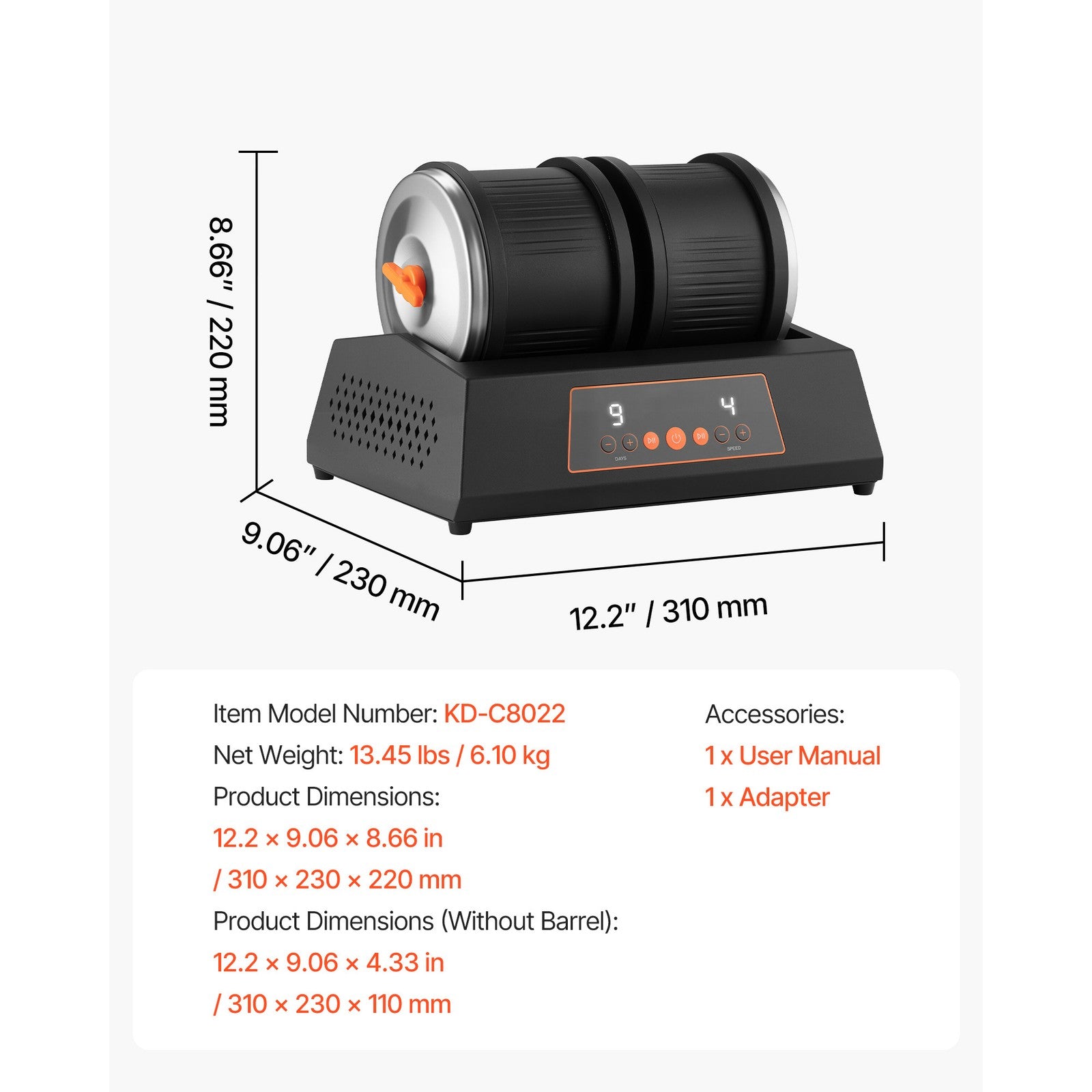 8lbs Rock Tumbler Kit with 4 Speeds and 9-Day Timer, Includes Adapter