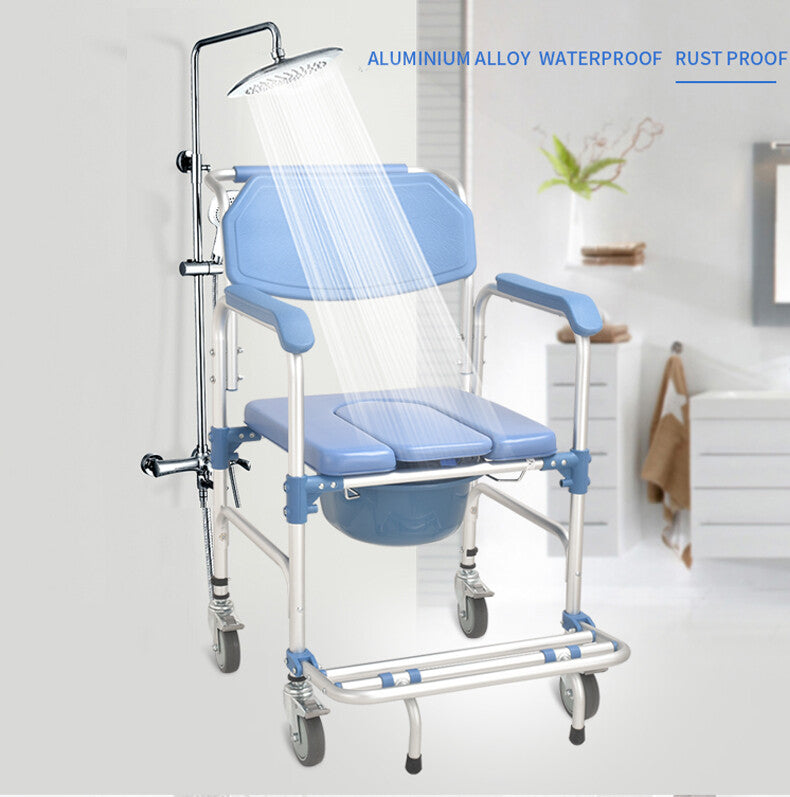 Aluminum Mobile Shower Toilet Commode Chair Bathroom Bedside Footrest Wheelchair