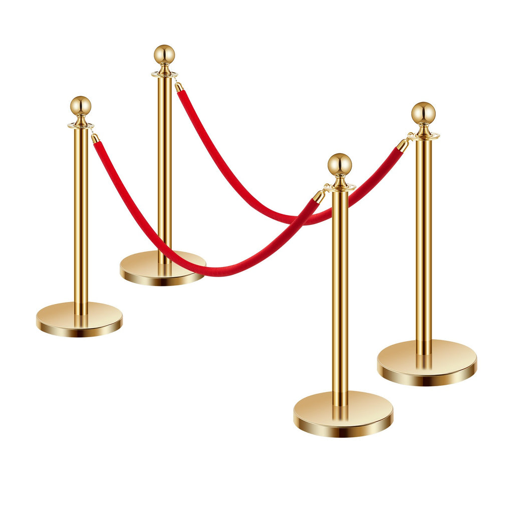 4-Piece Gold Stanchion Set with Red Velvet Ropes for Crowd Control