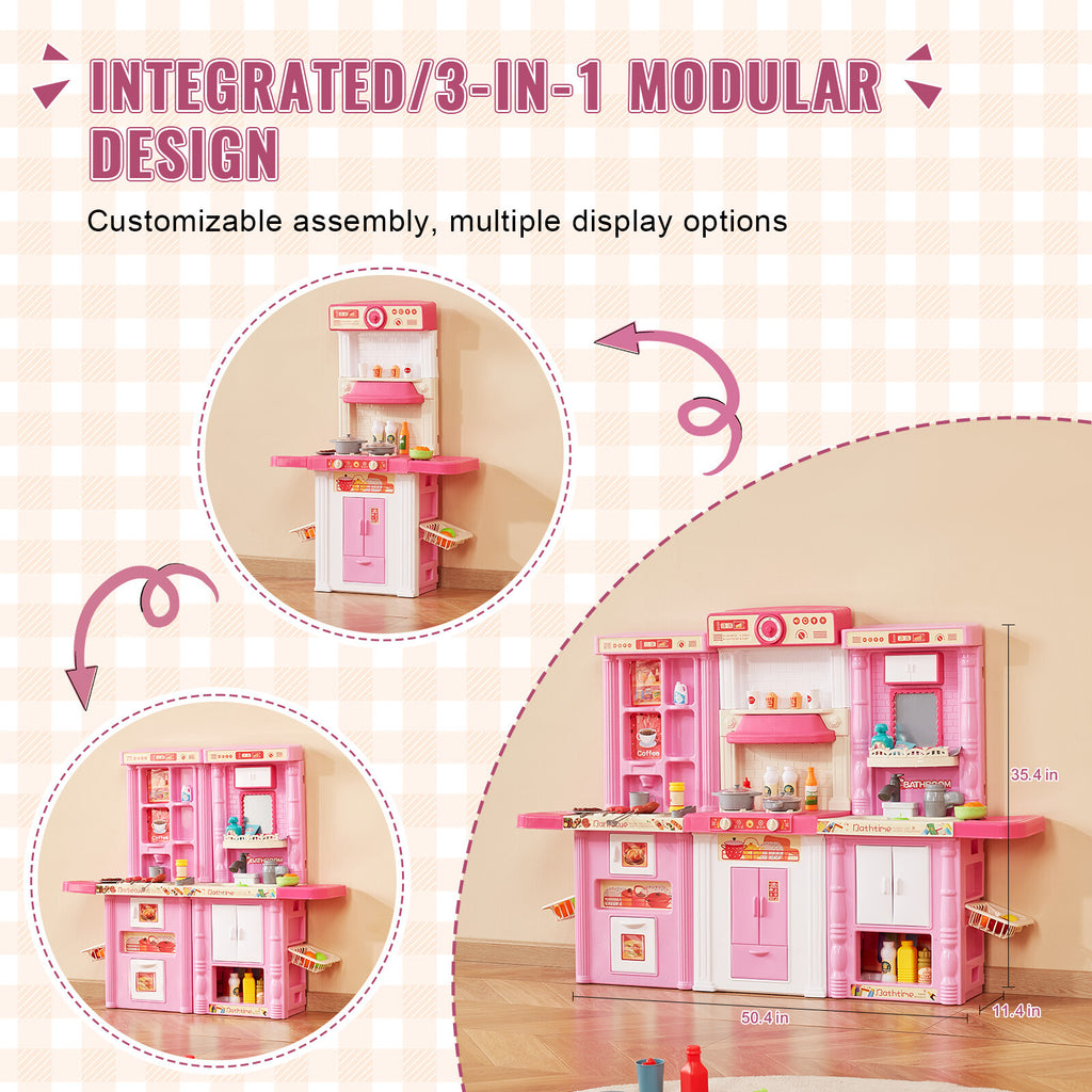 Kids Kitchen Playset with 74 Accessories - Pink Pretend Cooking Toy Set