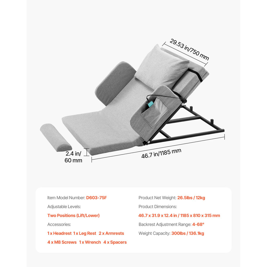 Adjustable Electric Bed Backrest with Guardrail & Pouch, 300lbs Capacity