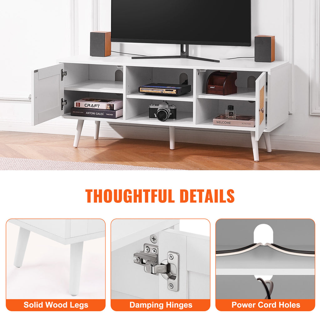 Rattan TV Stand for 55" TVs with Storage and Cable Management, White