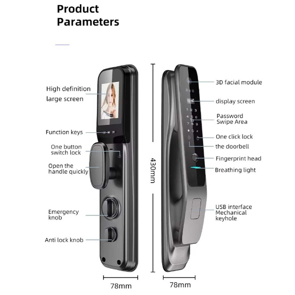 Premium Digital Smart Door Lock 3D Face Fingerprint Code WIFI APP + Lock/Striker