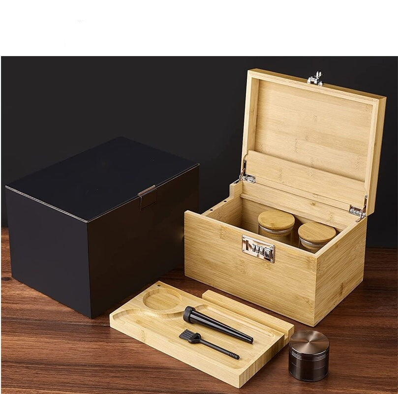 Bamboo Storage Chest with Movable Tray Locking Grinder and Jars Stash Box Bundle