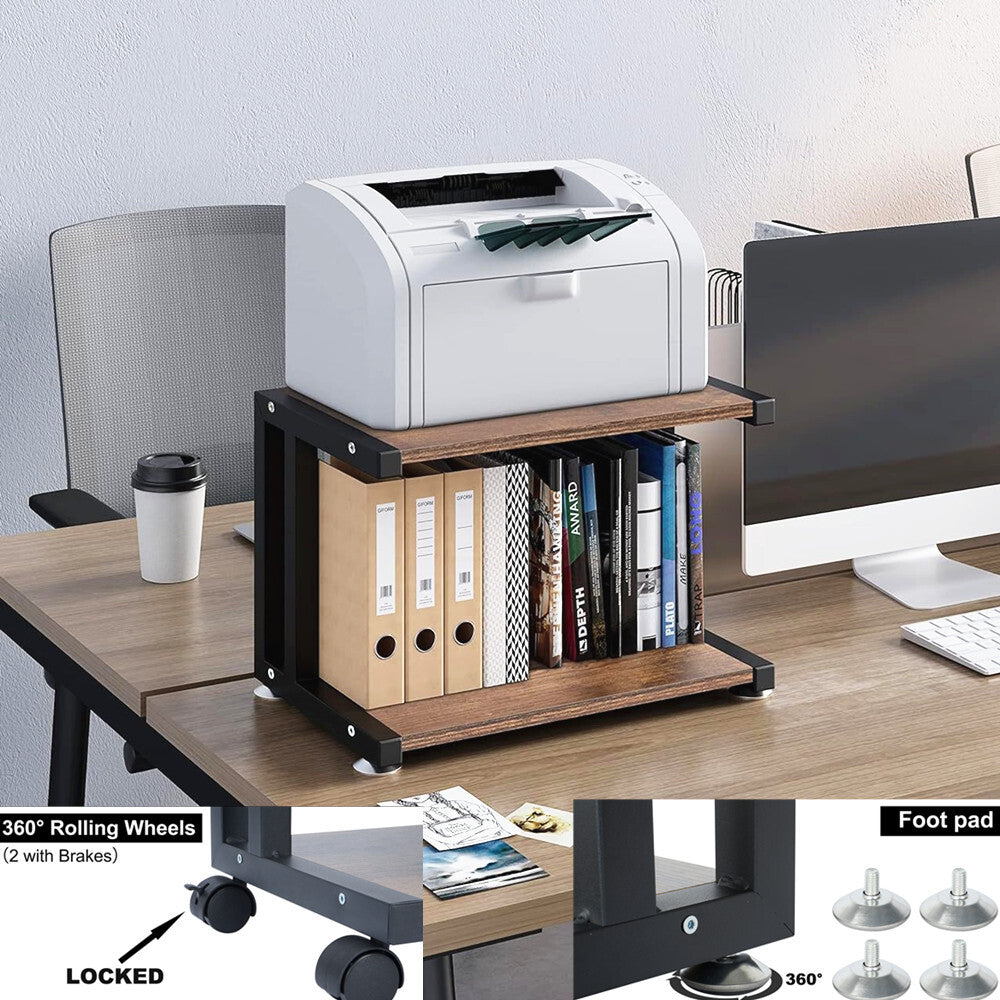 Under Desk Printer Stand 2 Tier Printer Rolling Cart Rack Storage Shelf w/Wheels