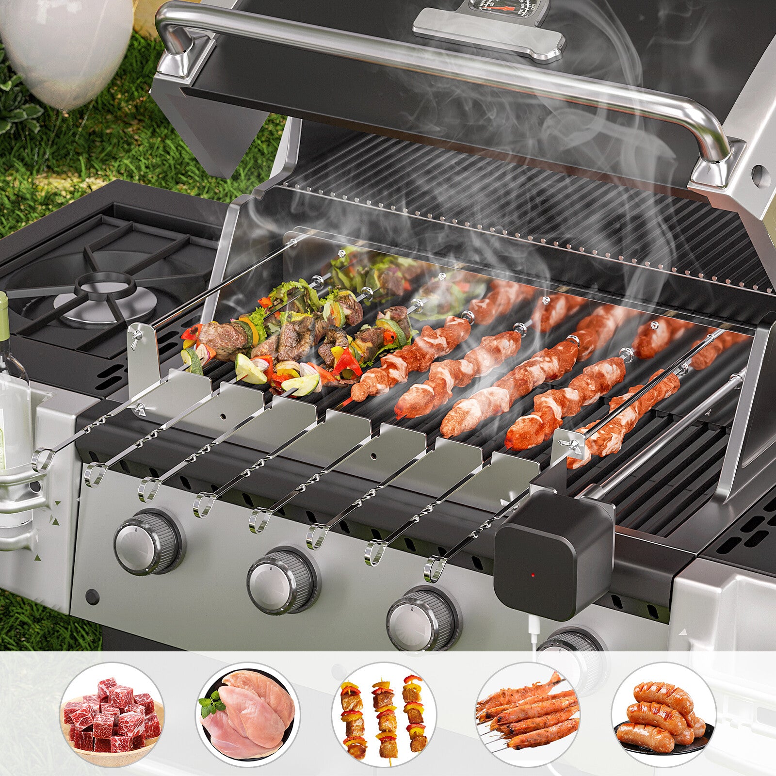 Electric Skewer Kabob Shish Automatic Rotating Rotisserie Grill Rack Outdoor BBQ