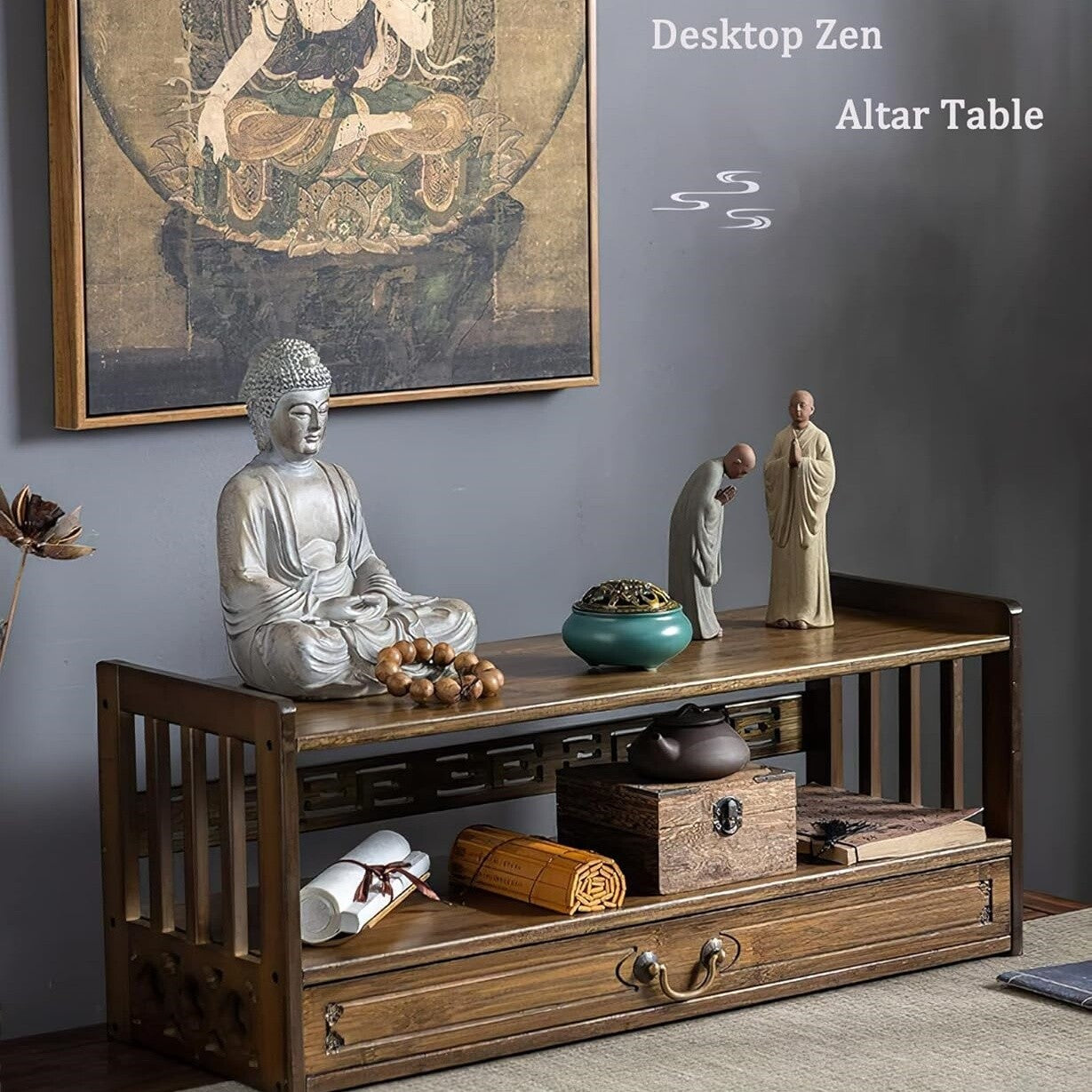 Meditation Altar Table for Spiritual Puja Table with Drawer Bamboo Furniture