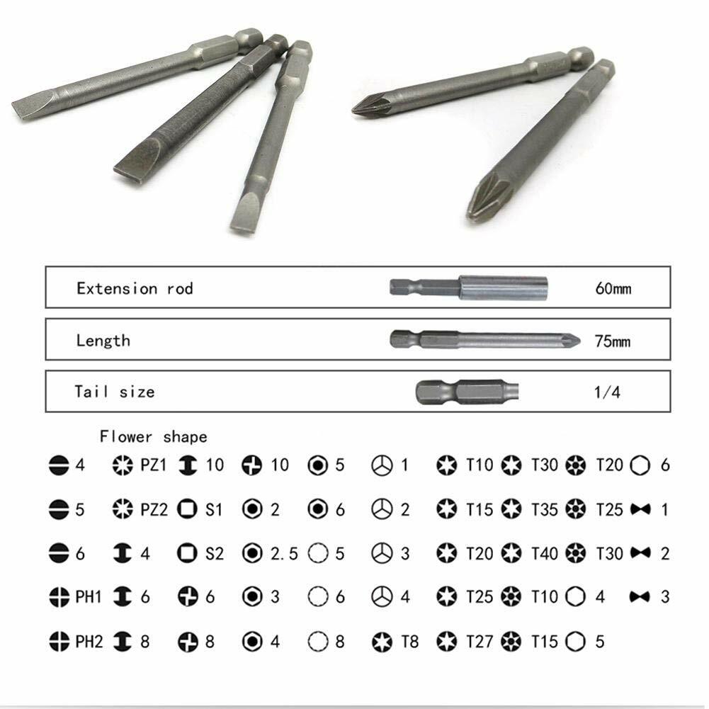 50pcs Screwdriver Bit Set Hex Star Bits Philips Square Spanner Bits w/Case 75mm