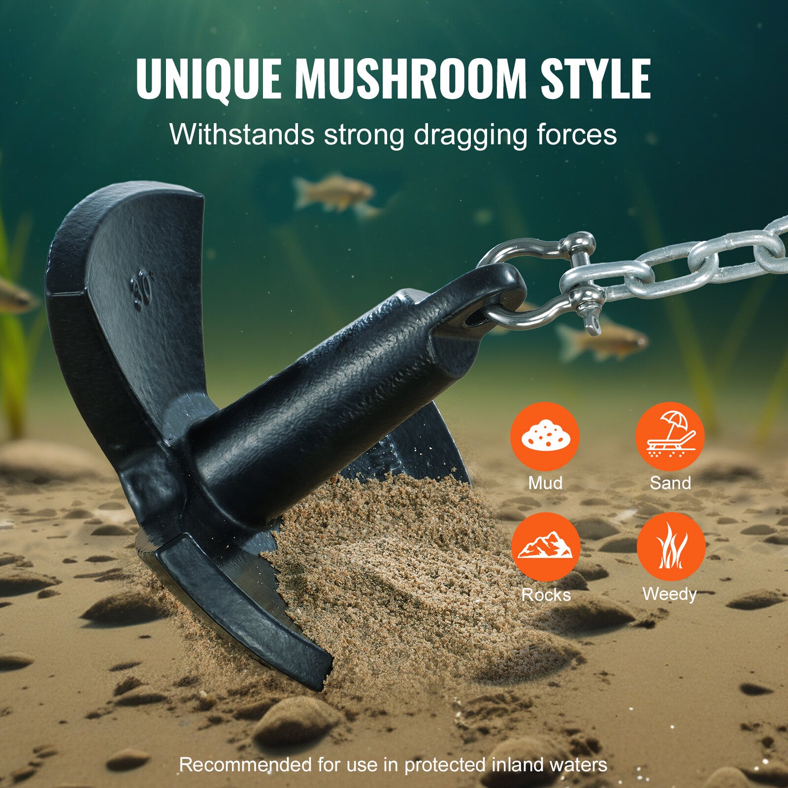 30 LB Black Vinyl-Coated Mushroom River Anchor for Boats Up to 30 Feet