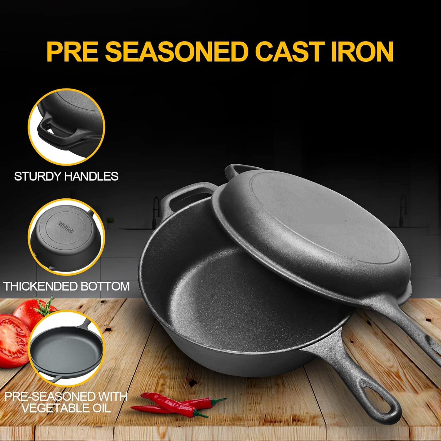 2 In 1 Cast Iron Dutch Oven Skillet 10" Cooker Pot for BBQ &Cooking & Frying Pan