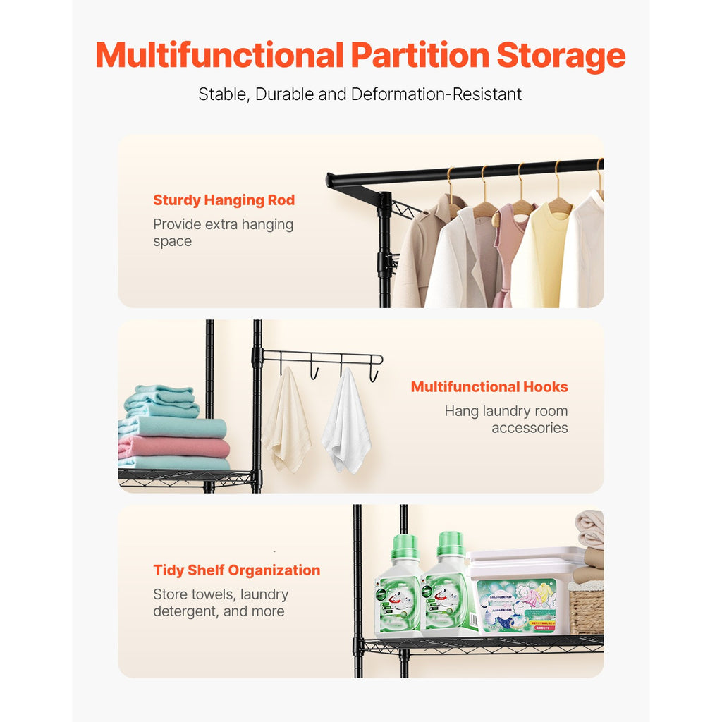 Adjustable Washer and Dryer Storage Shelf with Hooks and Rods, Black