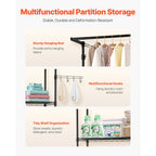 Adjustable Washer and Dryer Storage Shelf with Hooks and Rods, Black
