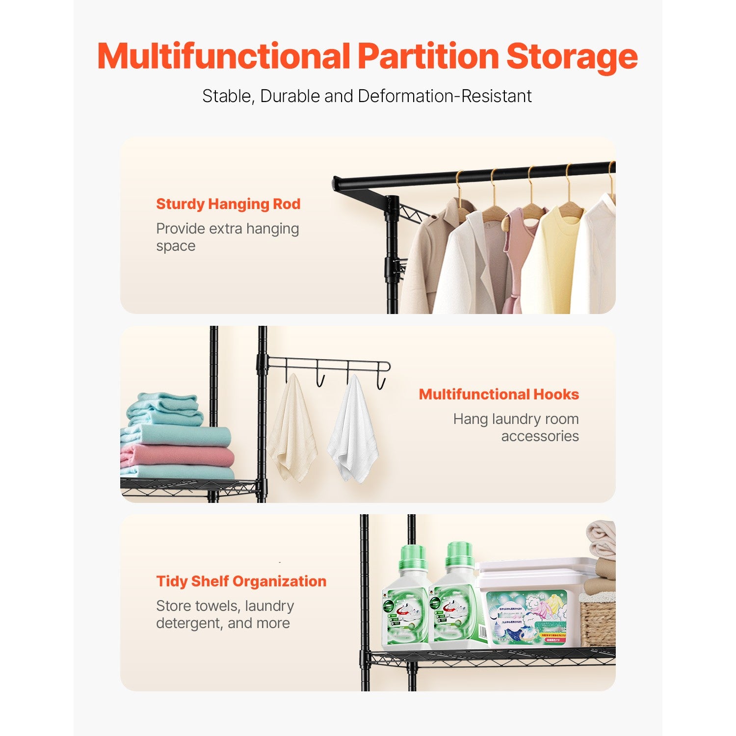 Adjustable Washer and Dryer Storage Shelf with Hooks and Rods, Black