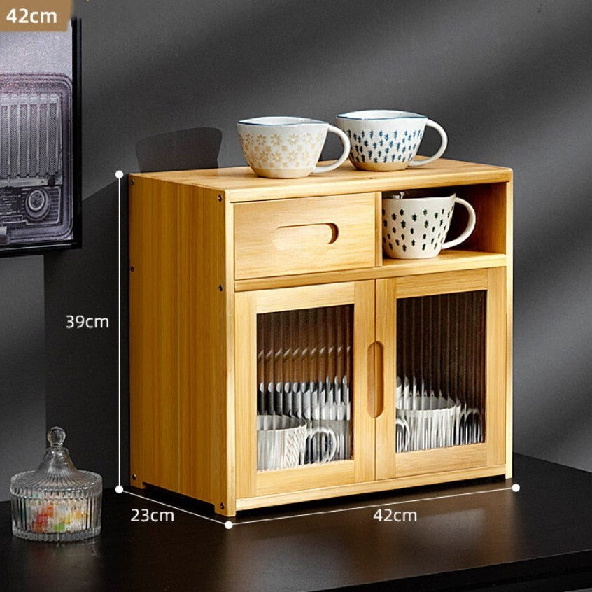 Bamboo Countertop Cupboard 2 Tier Pantry Kitchen Desk Tea Coffee Storage Cabinet