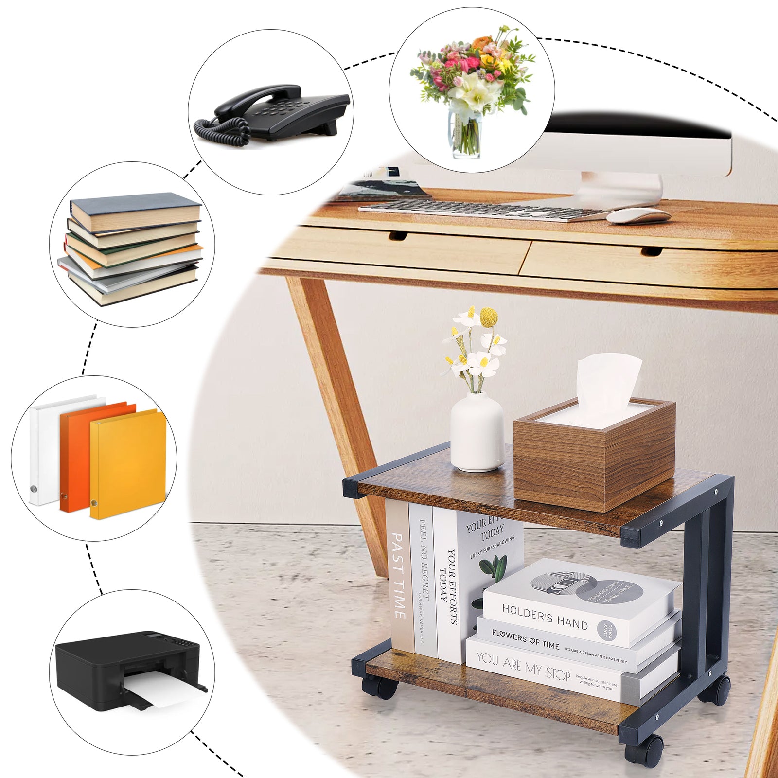 Under Desk Printer Stand 2 Tier Printer Rolling Cart Rack Storage Shelf w/Wheels