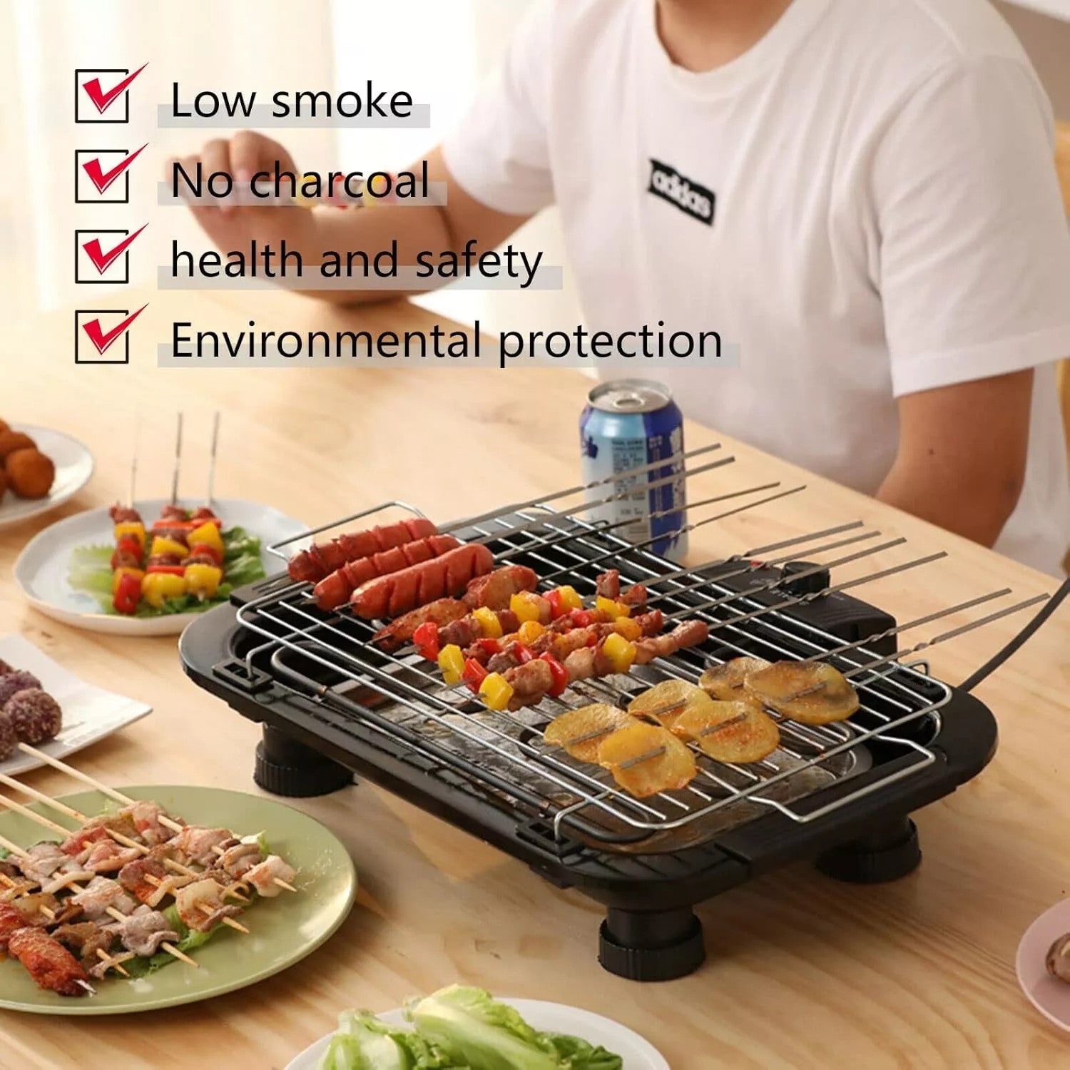 Electric Indoor Grill Adjustable Temp Removable Dishwasher Safe Grilling Plate
