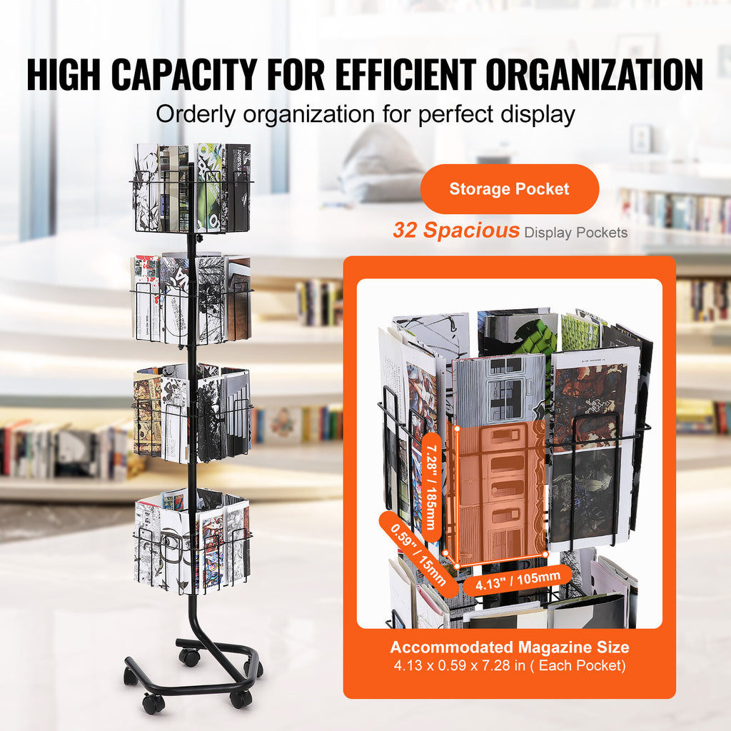 32-Pocket Rotating Brochure Display Stand with 360° Casters and 5 Wheels