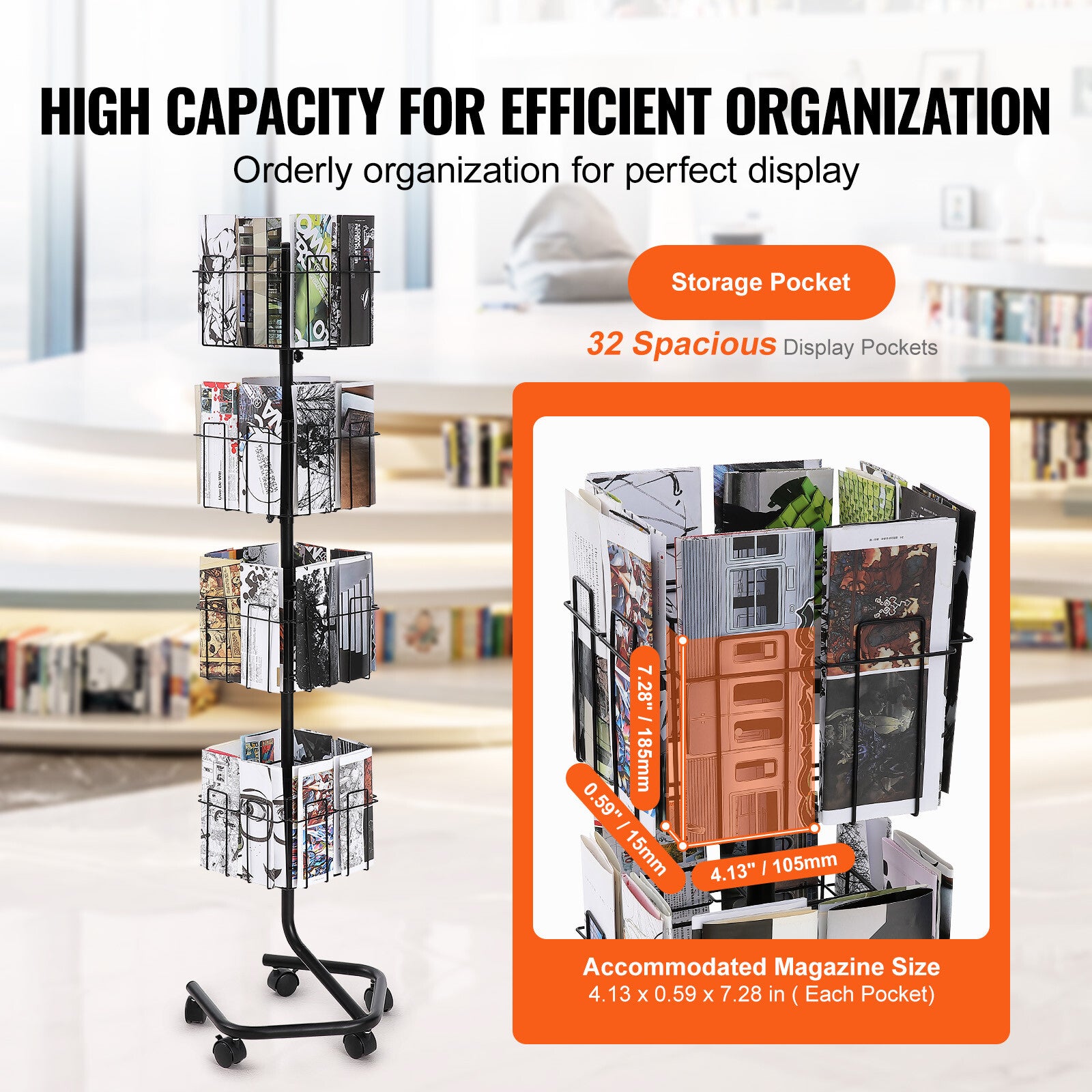 32-Pocket Rotating Brochure Display Stand with 360° Casters and 5 Wheels