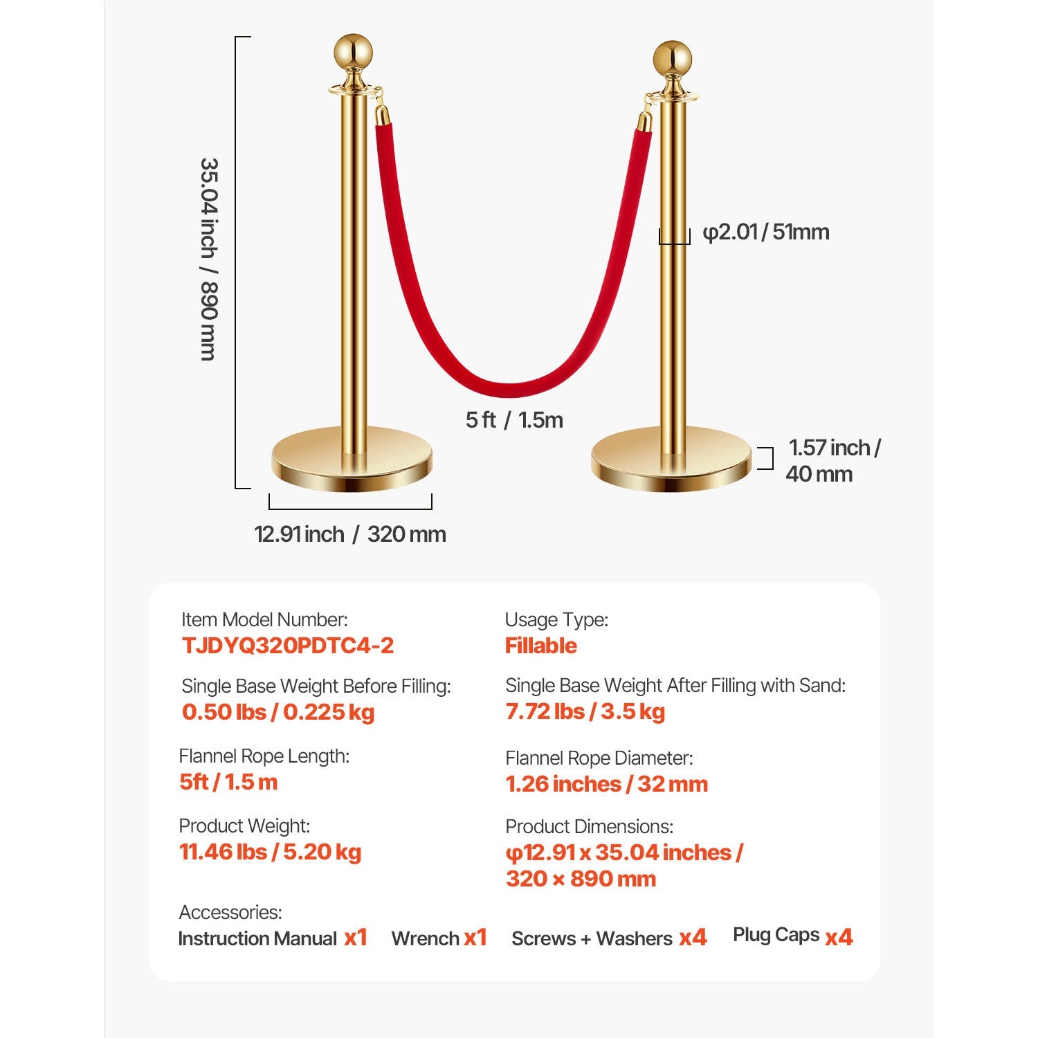 4-Piece Gold Stanchion Set with Red Velvet Ropes for Crowd Control