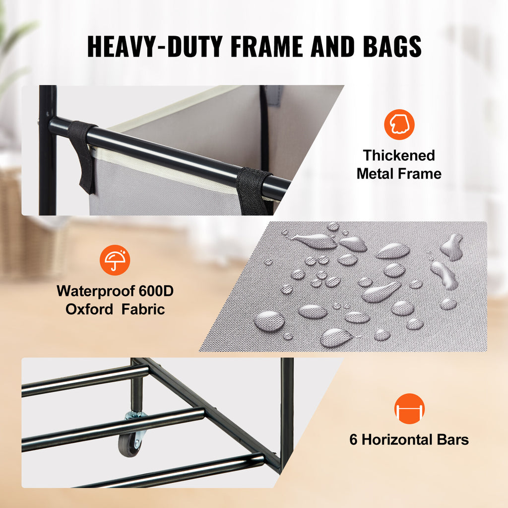 3-Section Laundry Sorter Cart with Wheels and Removable Waterproof Bags