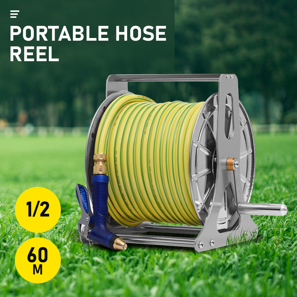 Steel Industrial Water Hose Reel Holder 1/2'' X 60M Capacity & Barb Fittings