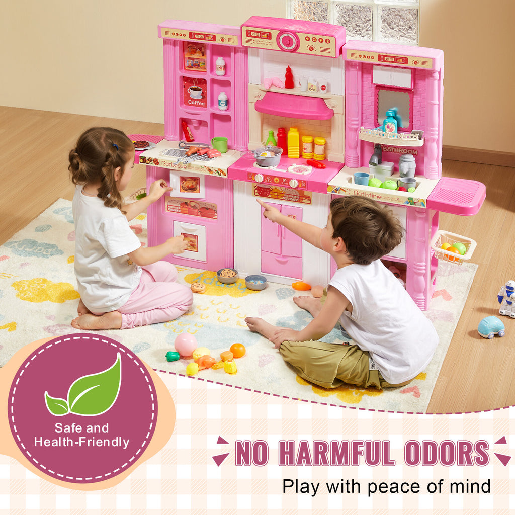 Kids Kitchen Playset with 74 Accessories - Pink Pretend Cooking Toy Set